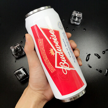 可乐保温杯 学生女男杯子创意个性潮流不锈钢水杯 304白色百威啤酒500