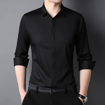利郎lilanz秋季新款长袖衬衫男士黑色衬衣修身商务正装纯色职业男上班
