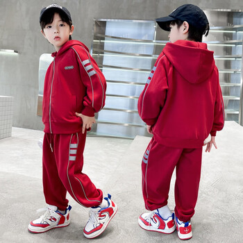 套装春秋季男孩休闲连帽外套裤子两件套中大儿童秋装衣服红色120cm