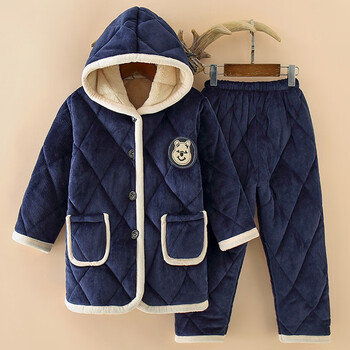 儿童睡衣男童冬季加绒加厚中大童珊瑚绒保暖家居服男孩三层夹棉冬款中