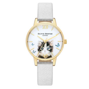 手表女英国ob小众可爱猫咪圆形指针式防水腕表女弭黎 珍珠白皮带款
