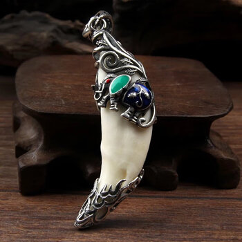 天成石都tianchengstone狗牙吊坠925银项链黑藏獒牙齿镶嵌银牙套男