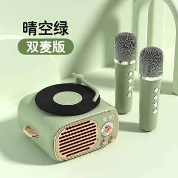 LOCOCK芯动蓝牙音箱麦克风K歌复古无线音响小型家用创意可爱音乐时光迷你生日礼物 晴空绿-双麦版