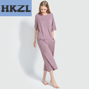 HKZL春夏季2023年新款睡衣套装女士七分裤宽松舒适款圆领套头纯色简约 韩国紫 均码(建议体重90-170斤)