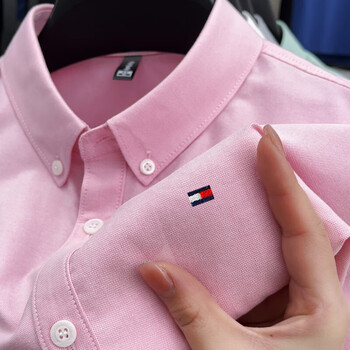 jeans汤米长袖衬衫男牛津纺布青年商务休闲纯棉时尚正装免烫衬衣 粉色