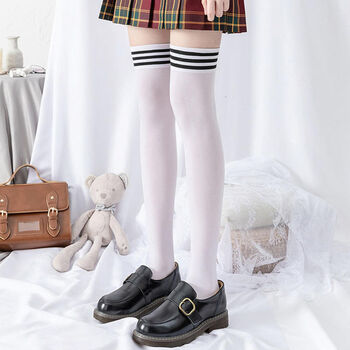 童8-16岁小女孩夏天穿的可爱日系中长筒丝袜白色条纹半腿袜 2白色过膝