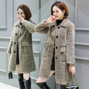 冬季新款艾美丽加厚颗粒羊剪绒外套女士中长款皮毛一体羊羔毛大衣 瑞