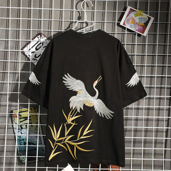 刺绣短袖t恤男复古中国风圆领半袖百搭上衣宽松潮牌潮流 花草飞鹤黑色