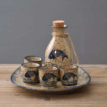 日式复古清酒具陶瓷分酒器温酒器白酒杯烈酒烧酒壶黄酒喝酒杯年年有鱼