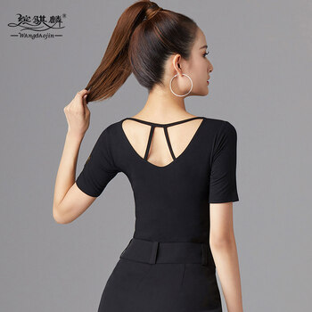 骐麟拉丁舞上衣女成人新款镂空摩登舞蹈练功服跳国标舞上衣短袖 黑色