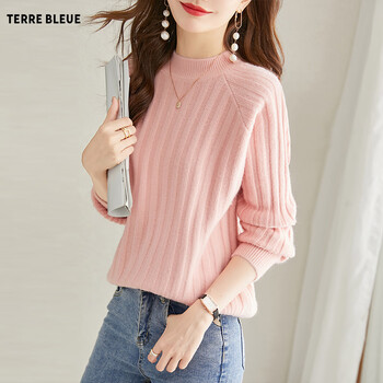 bleue针织衫女秋冬新气质慵懒风宽松小个子长袖内搭套头毛衣 浅粉色 l