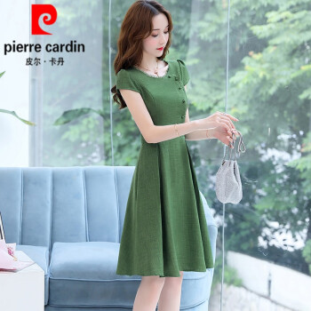 皮尔卡丹（pierre cardin）桑蚕真丝连衣裙子女夏季2024新款妈l妈装小个子收腰显瘦 绿色 S 95斤以下穿