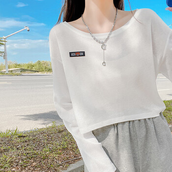 托米迪文thomytivin宽松长袖t恤女夏薄蓝色短款冰丝罩衫内搭打底设计