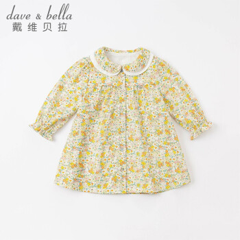 davebella戴维贝拉女童连衣裙儿童碎花裙2021春秋装小童宝宝裙子棉质洋气DB16711-2黄底印花90cm