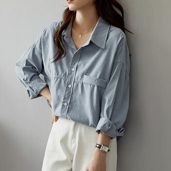 美式复古长袖衬衫女水洗棉感仿麂皮绒女士衬衣新款女式上衣库灰蓝色s