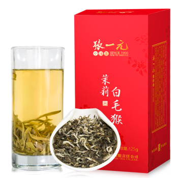 张一元 茉莉花茶 特级茉莉白毛猴125g/罐 绿茶茶叶 花香浓郁配小手提袋 茉莉白毛猴125g