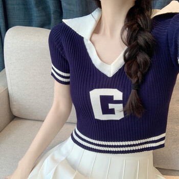 娜梵度露腰上衣露脐装性感女纯欲甜辣妹学院风v领短袖针织衫t恤夏高腰