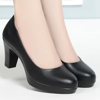 奥康品牌黑色工作鞋女高跟鞋圆头职业粗跟软皮防水台旗袍走秀鞋礼仪