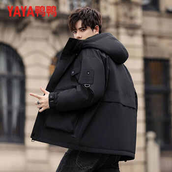 鸭鸭户外冲锋衣羽绒服男冬季加厚23新款青年防风时尚工装保暖外套黑色