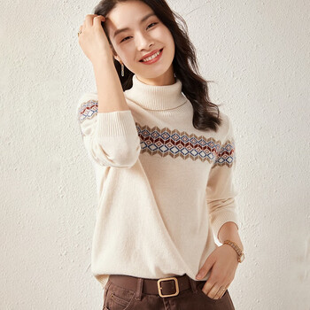 翻领羊绒女100纯山羊绒23秋冬新款提花内搭针织打底衫女毛衣米白色xl