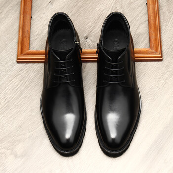 仓梵牛皮李高帮皮鞋男冬季商务正装加绒保暖羊毛英伦风尖头黑色短皮