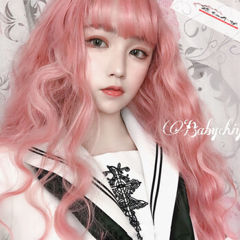 玉米烫羊毛泡面小卷空气刘海圆脸假毛浅粉色整顶头套送发网夹子无