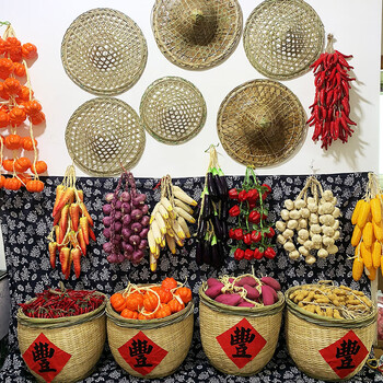 幼儿园墙面秋季装饰商场氛围布置农民丰收节道具装饰蓑衣斗笠蔬菜 红