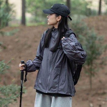 韩恪户外徒步宽松连帽衣男薄外套夏季新款日系复古皮肤衣服深灰色黑