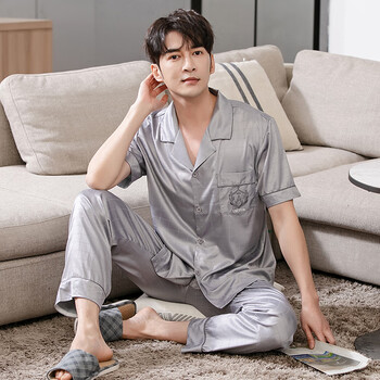 男士睡衣夏天仿真丝春夏季睡衣男冰丝薄款大码短袖长裤家居服套装mz8