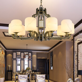 loihi全铜吊灯现代新中式云石灯客厅餐厅茶室书房黑擦金中国风禅意