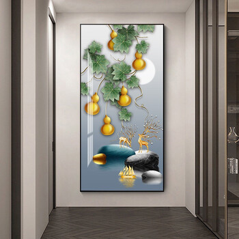 领艺lingyi五福临门新中式玄关装饰画客厅入户走廊过道竖版挂画招财