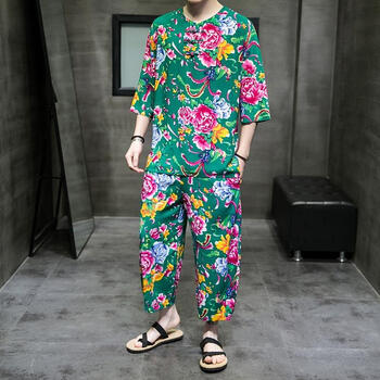 仟诗卡东北大花布衣服花短裤男碎花t恤中国风装亚麻套装短袖唐装夏季