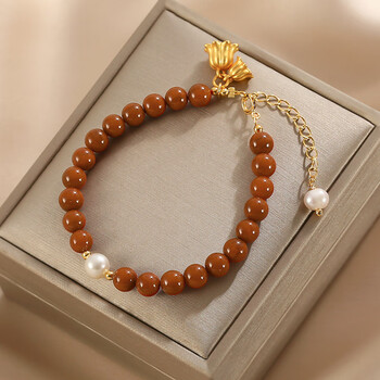 zhio珍珠手链女南红玛瑙复古风铃兰花吊坠手串手饰情人节礼物16cm