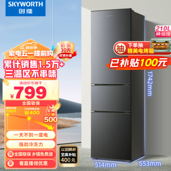 创维 (SKYWORTH）210升小冰箱 三门家用小型电冰箱 三门三温区中门软冷冻 保鲜省电低音P21TJ