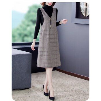优仰冬天套装裙妈妈穿格子毛呢连衣裙女士秋冬中长款打底裙妈妈背带裙