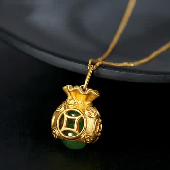 老凤祥款式生日礼物999足金黄金和田玉福袋吊坠女金镶玉足金项链硬金
