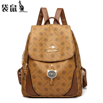 袋鼠真皮双肩包女2024新款时尚大容量双肩女包软皮女士背包潮黄棕