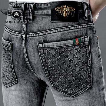 小蜜蜂刺绣酷奇潮流时尚修身大码直筒长裤子男烟灰色k6029四季款32码