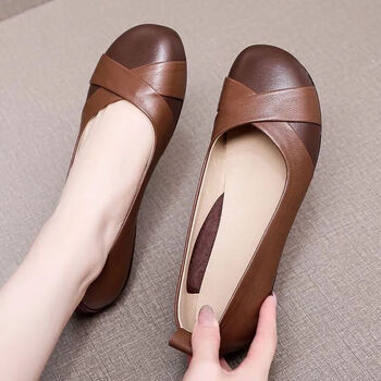 女士休闲鞋>拍下优先发货头层牛皮豆豆鞋牛筋软底单鞋女春秋新款圆头