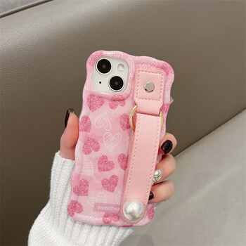 涂鸦粉色爱心珍珠腕带适用iphone14promax苹果13手机壳新款11女款壳