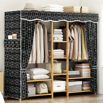 竹木单人衣橱组装家用卧室出租房挂衣架宿舍收纳衣服架子 黑森王国