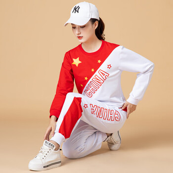 鬼步舞套装秋冬新款广场舞服装舞蹈演出服女健身操跳舞衣圆领五星红