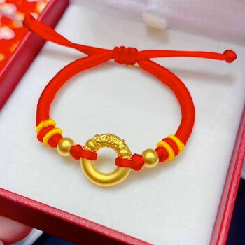 999平安扣金箍圈手链转运珠本命年手绳送女友礼物黄金金箍圈2金珠红绳