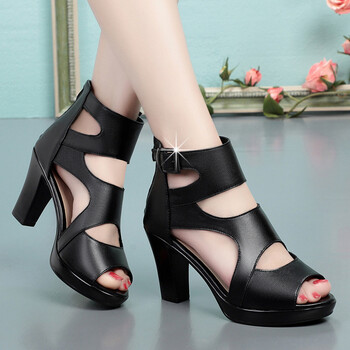 高跟凉鞋女粗跟皮凉鞋女牛皮软底时尚潮女士凉鞋包跟妈妈凉鞋女鱼嘴