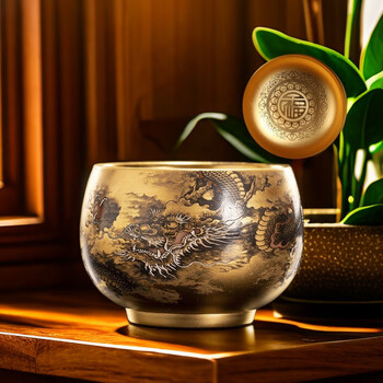雅豪颖蕉夏鎏金周鸿杰大师手绘主人杯单杯生肖墨龙金建盏功夫茶杯礼盒