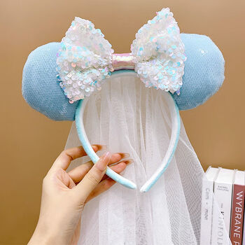 迪士尼网纱儿童蝴蝶结米奇亮片发箍披纱飘纱发饰小女孩头纱防滑头箍9