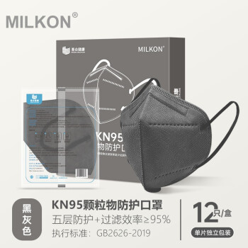 MILKON莫兰迪KN95口罩成人防飞沫粉尘PM2.5口罩五层防护防尘耳带折叠式独立包装 黑灰色 2盒（24只）