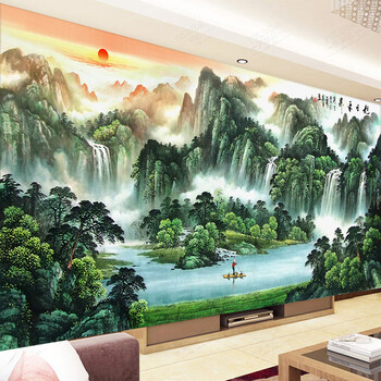 2018新风景十字绣线绣新款客厅中国流水生财山水画十字绣2018大幅满绣