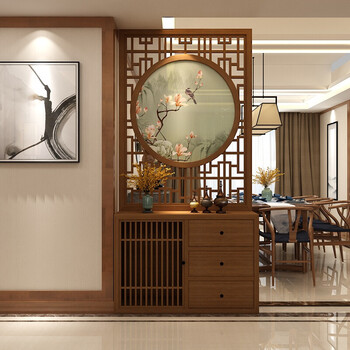 中式圆形镂空屏风鞋柜一体隔断装饰客厅入门遮挡餐厅玄关花鸟座屏 黑