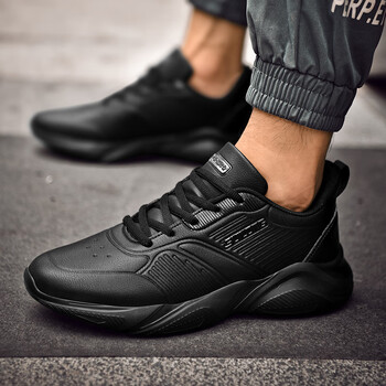 蓝羽静男鞋运动鞋男款秋冬季新款皮面防水休闲鞋轻便减震黑色跑步鞋